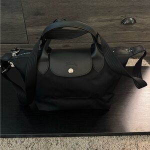 Longchamp Black Nylon Small Messenger Bag with Leather Flap